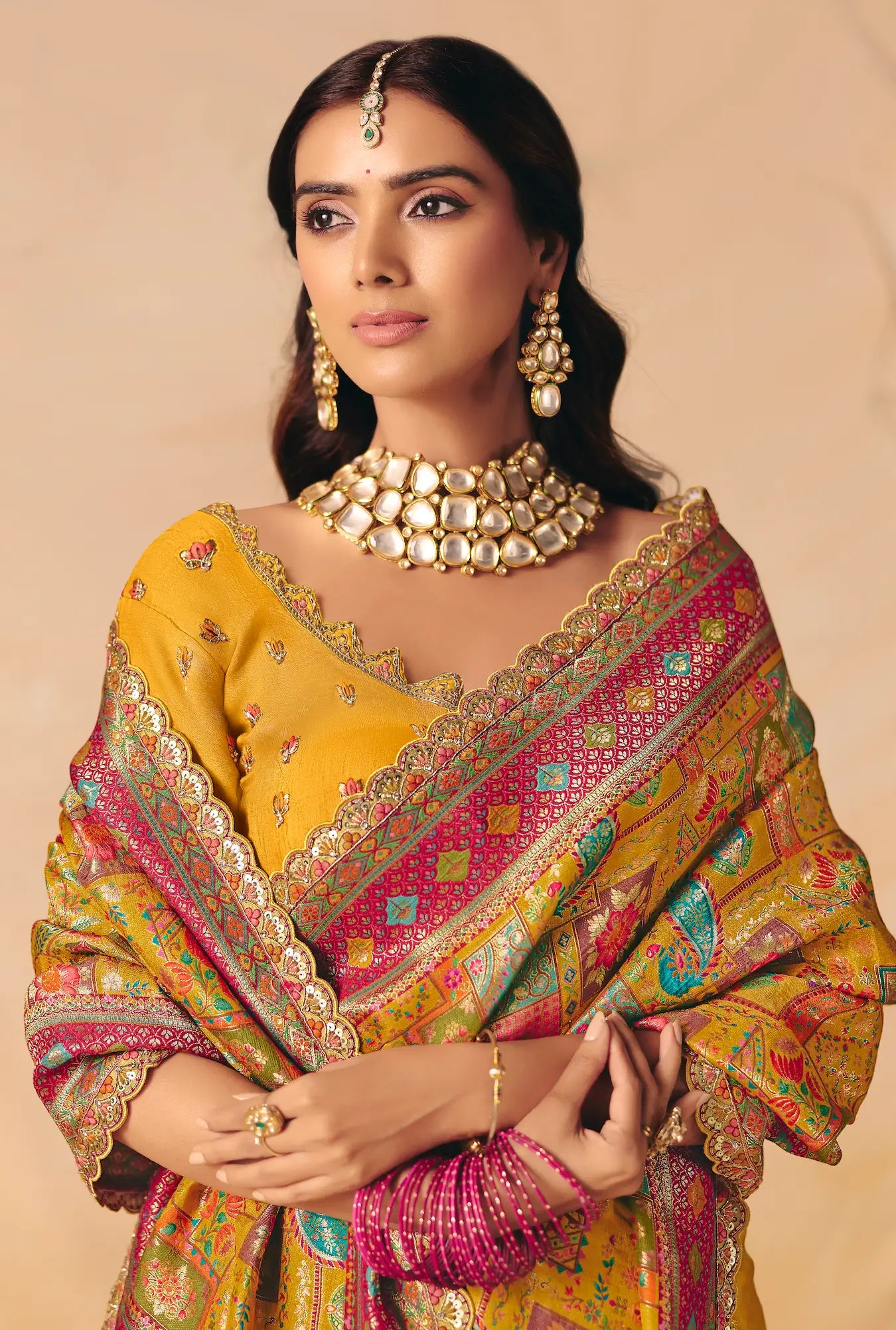 Mustard Yellow Dola Silk Zari & Embroidery Saree