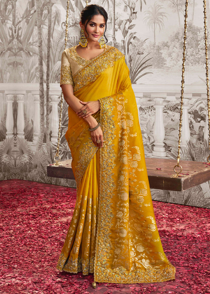 Mustard Yellow Designer Heavy Embroidered Silk Saree