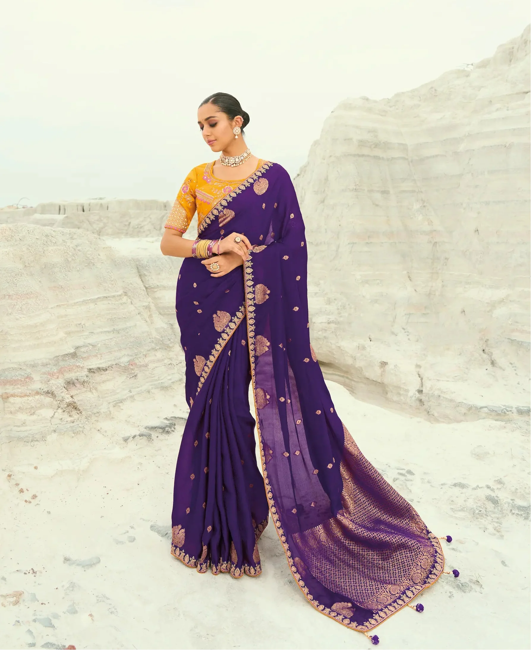 Plum Purple Organza Satin Heavy Embroidery Saree