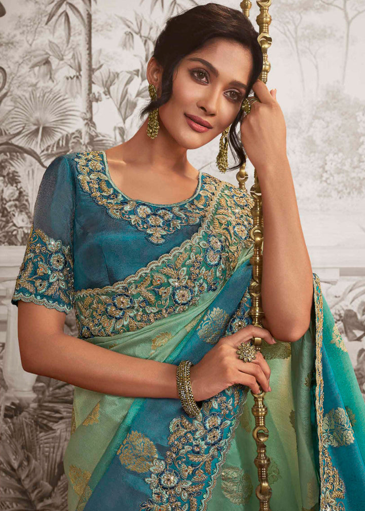 Shades Of Blue Designer Heavy Embroidered Silk Saree