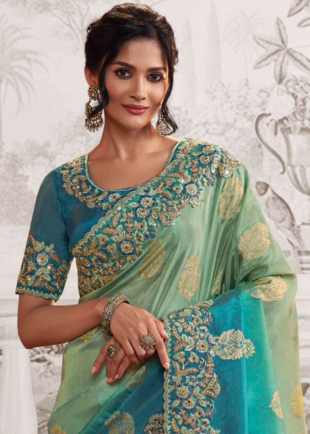 Shades Of Blue Designer Heavy Embroidered Silk Saree