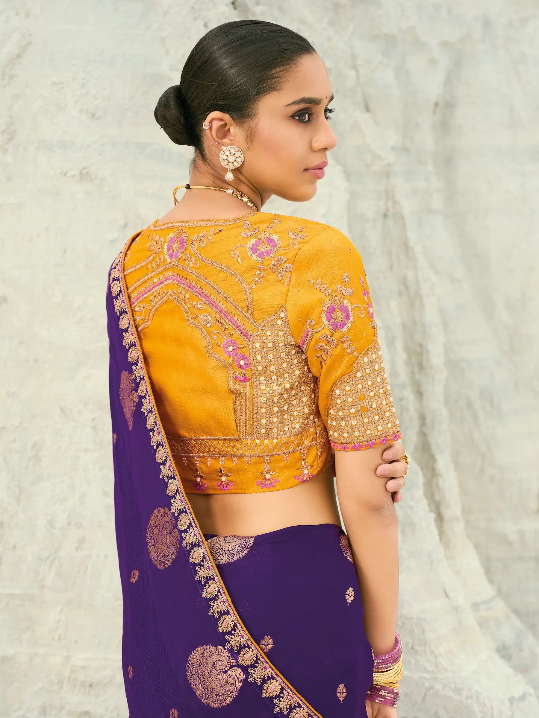 Plum Purple Organza Satin Heavy Embroidery Saree