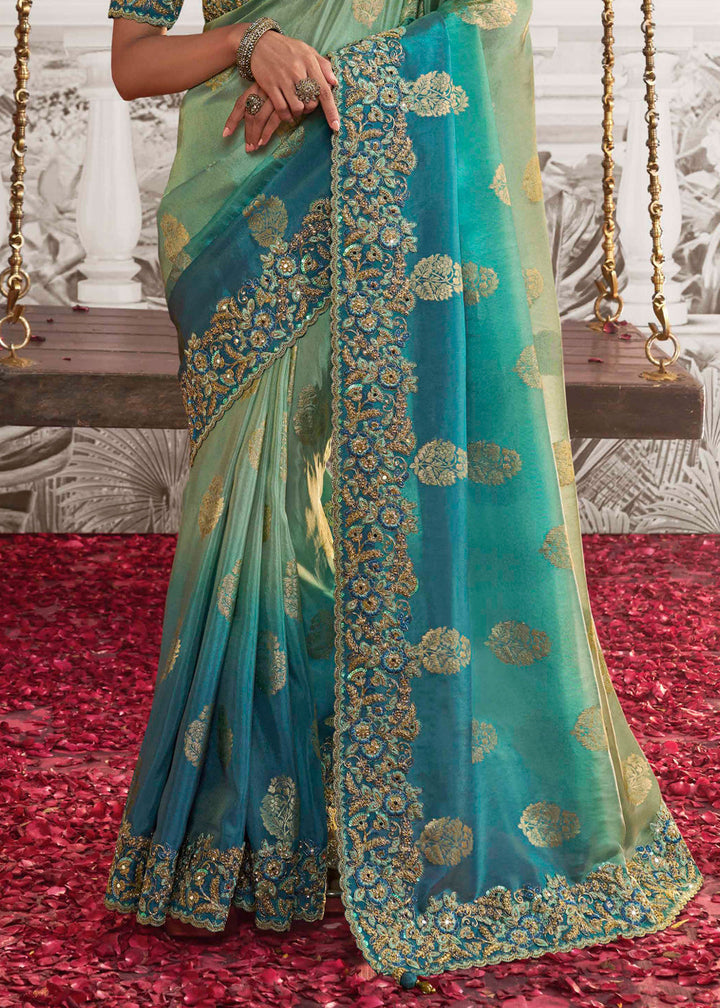 Shades Of Blue Designer Heavy Embroidered Silk Saree