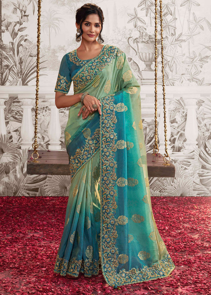 Shades Of Blue Designer Heavy Embroidered Silk Saree