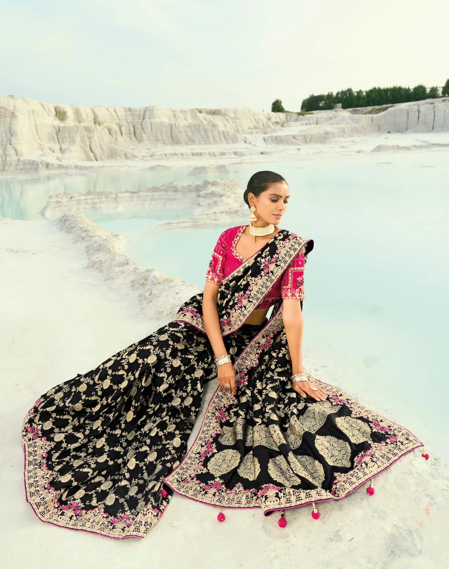 Smoky Black Dola Silk Heavy Embroidery Saree