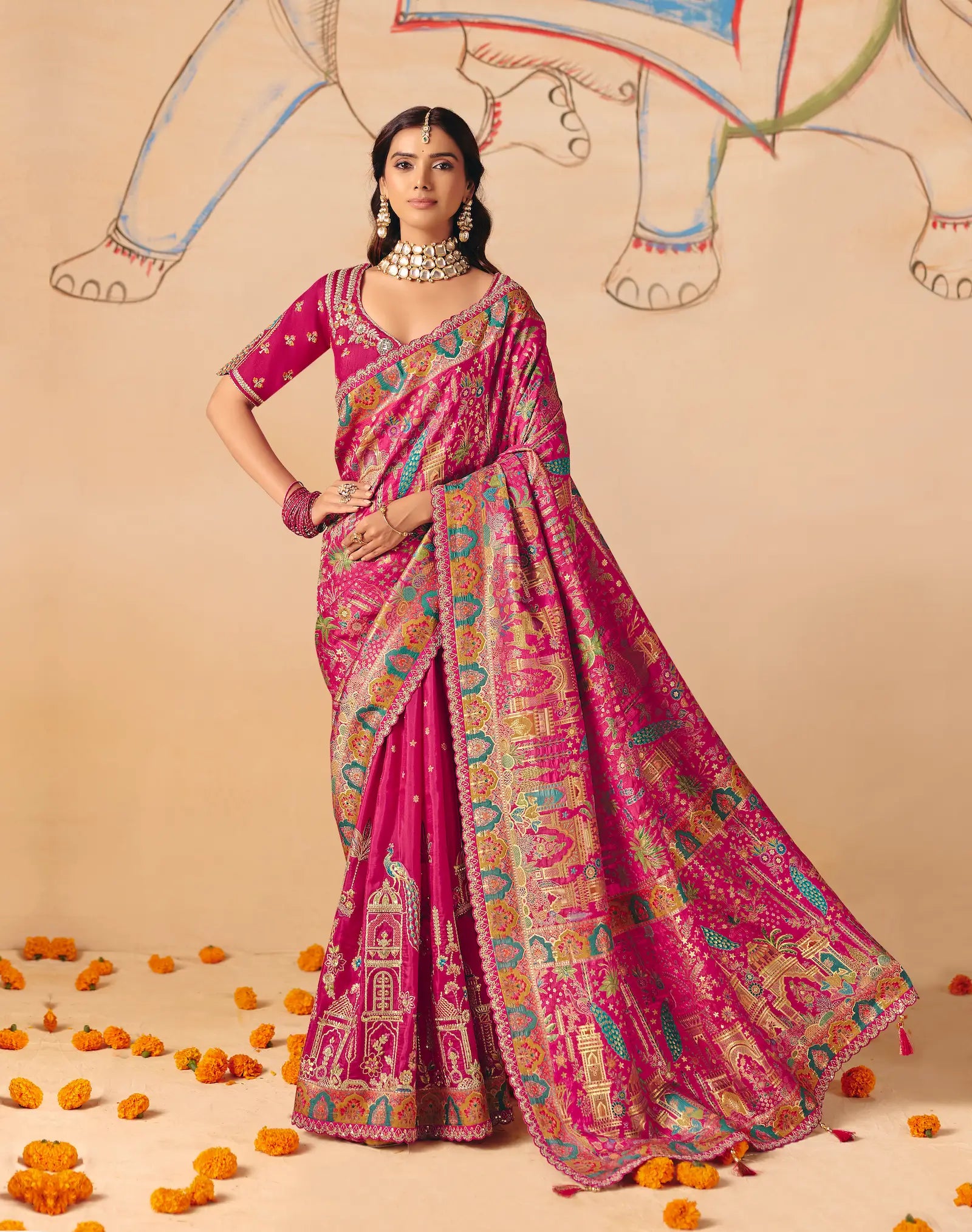Magenta Pink Dola Silk Zari & Embroidery Saree