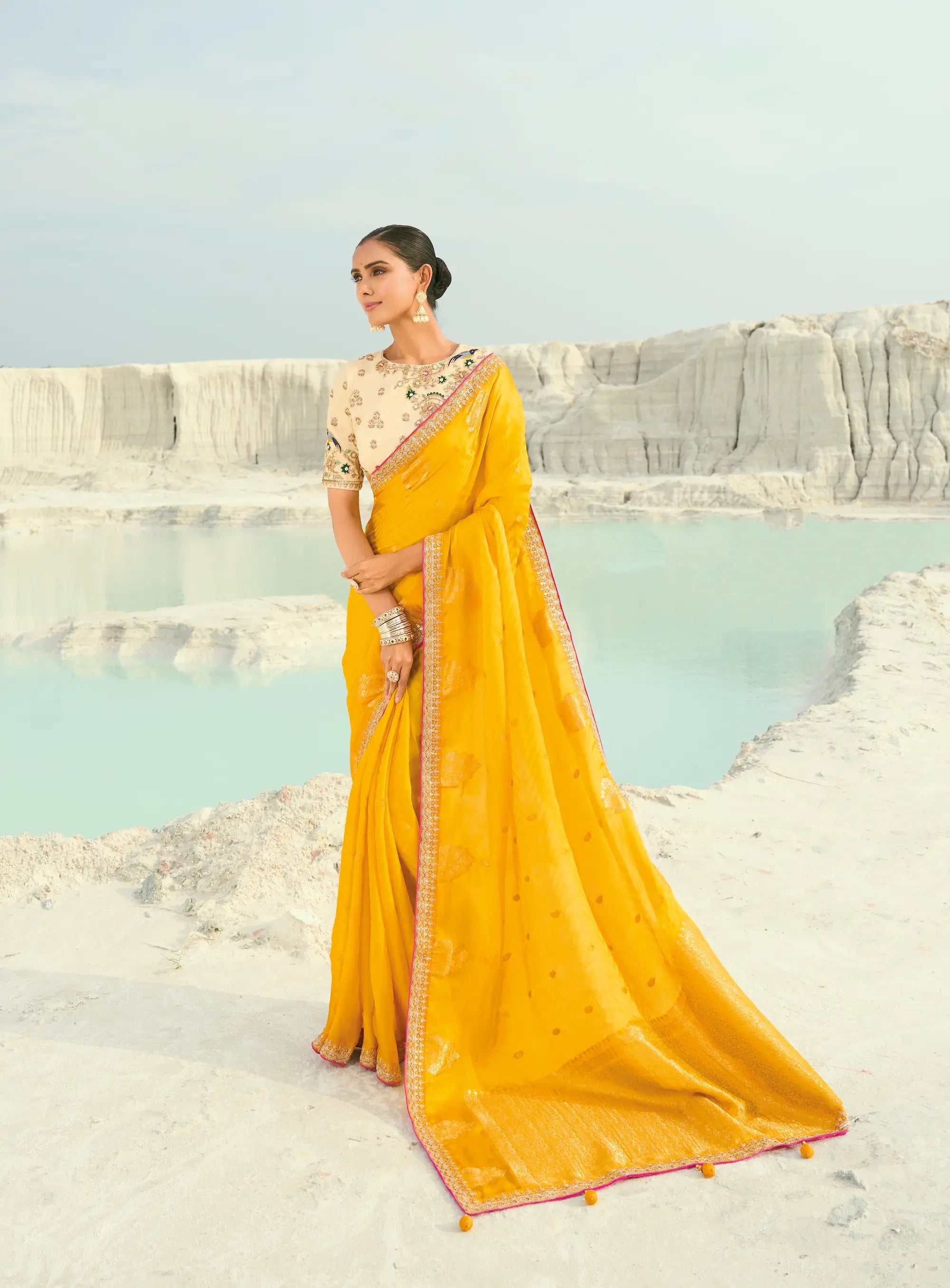 Golden Yellow Organza Satin Heavy Embroidery Saree