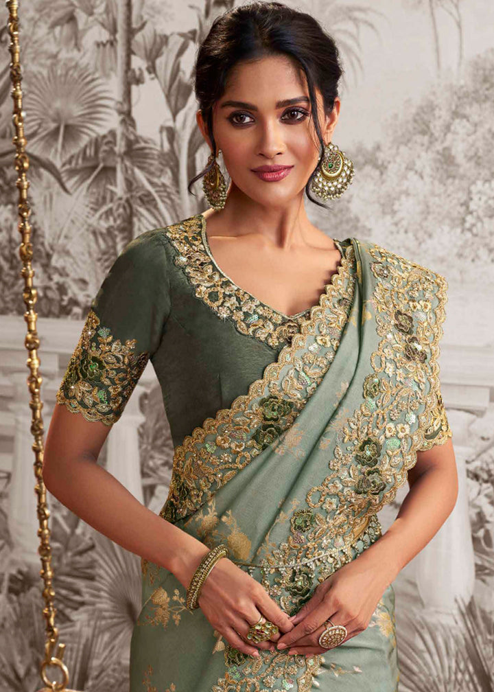 Tea Green Designer Heavy Embroidered Silk Saree