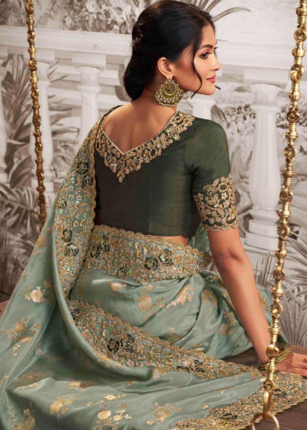 Tea Green Designer Heavy Embroidered Silk Saree