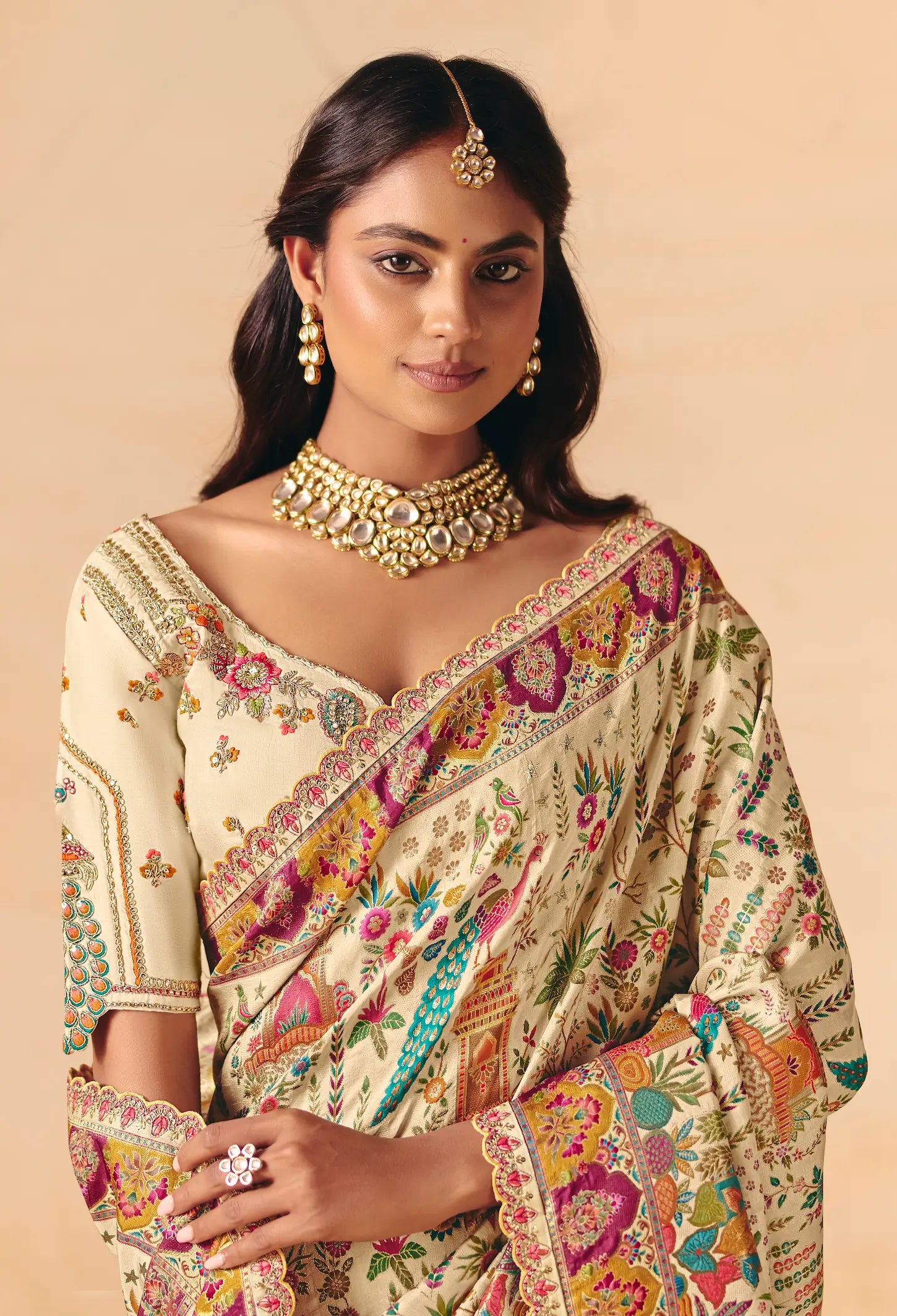 Ivory White Dola Silk Zari & Embroidery Saree