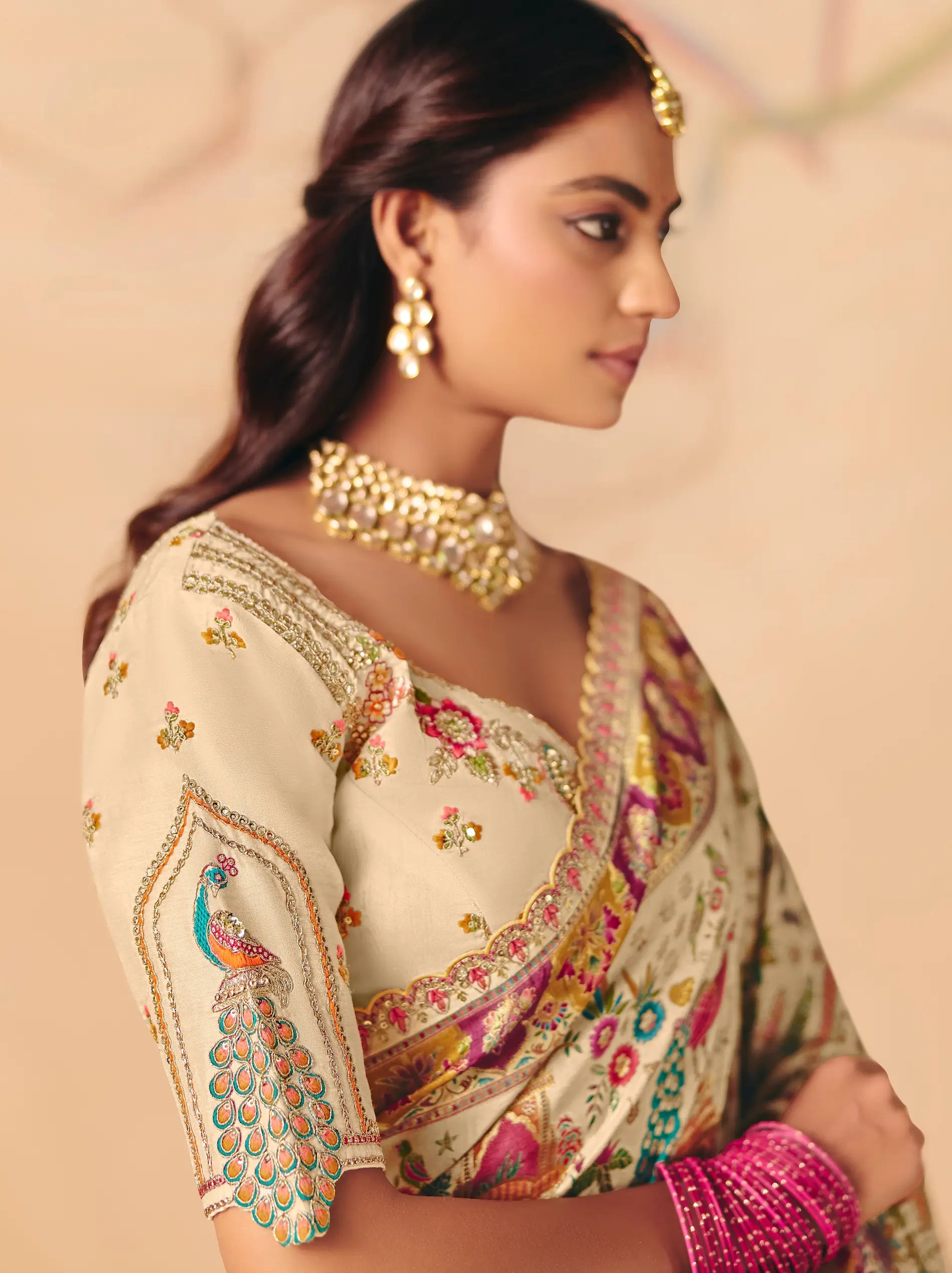 Ivory White Dola Silk Zari & Embroidery Saree