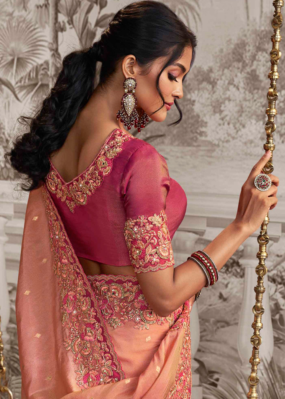 Shades Of Pink Designer Heavy Embroidered Silk Saree