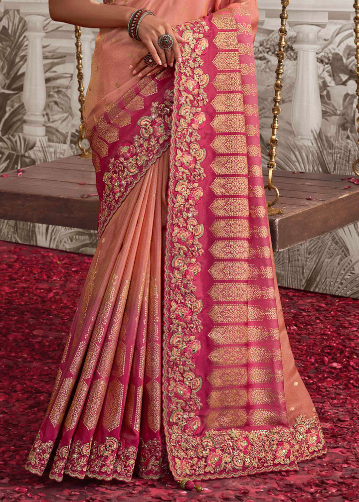 Shades Of Pink Designer Heavy Embroidered Silk Saree