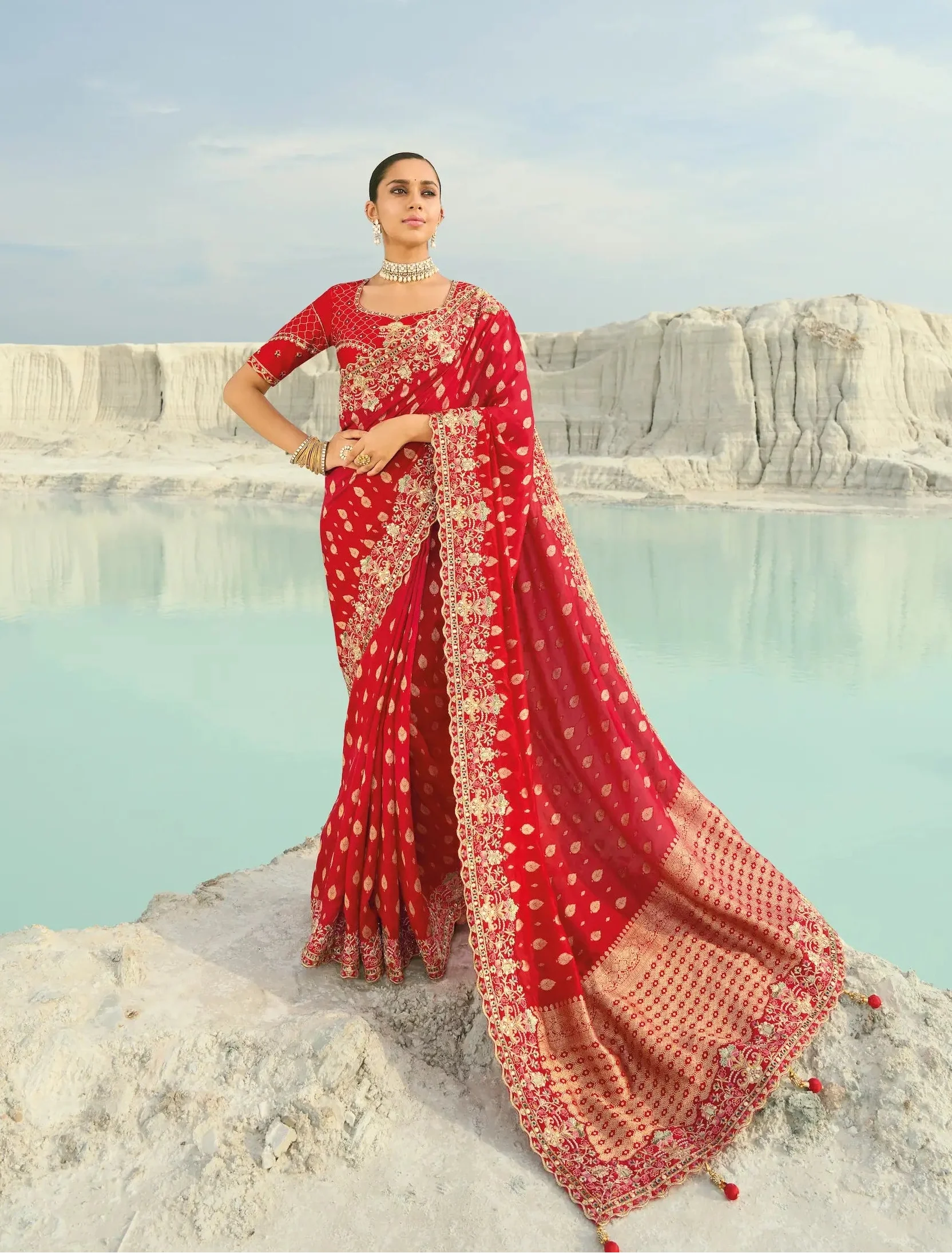 Hot Red Dola Silk Heavy Embroidery Saree