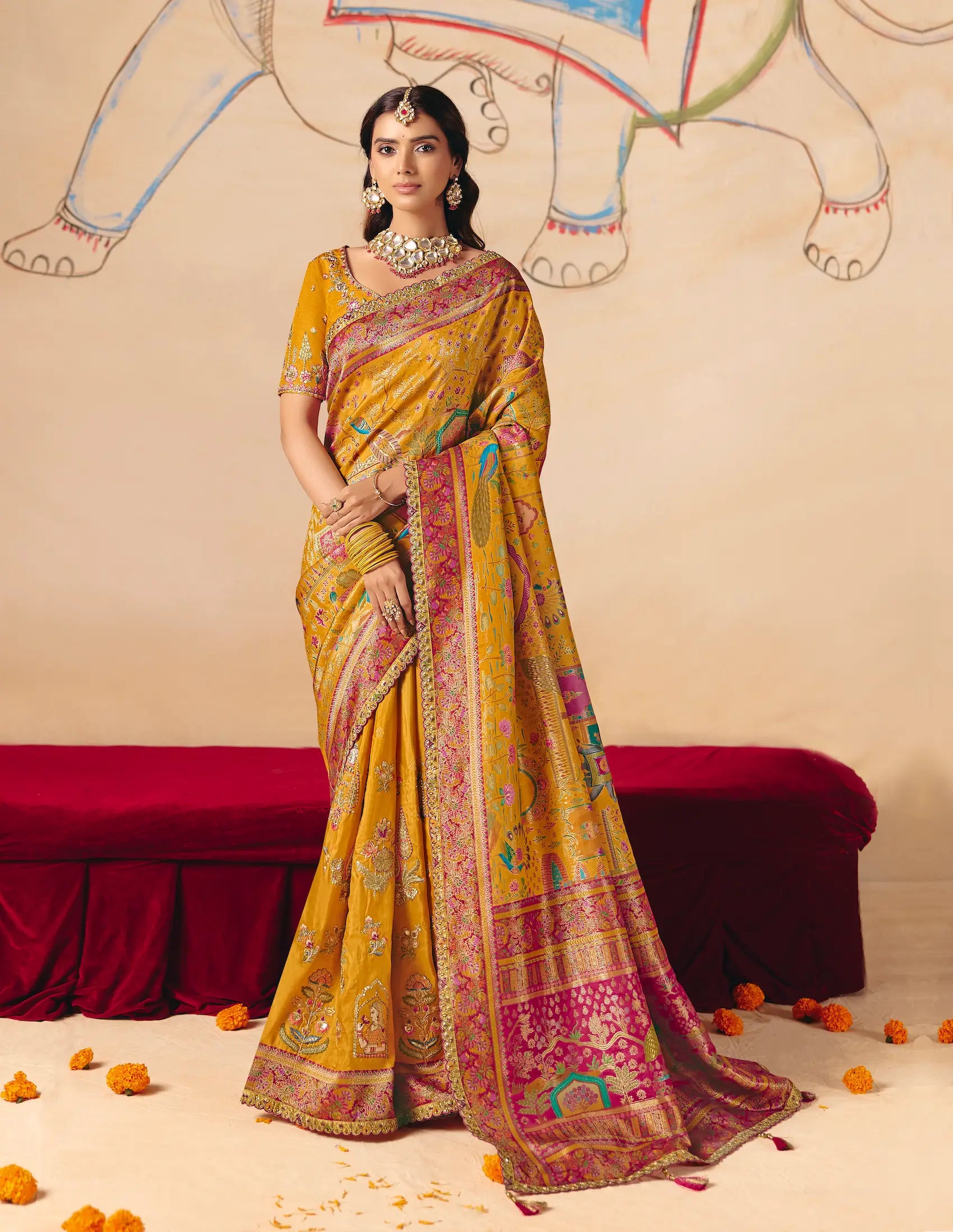 Honey Mustard Dola Silk Zari & Embroidery Saree
