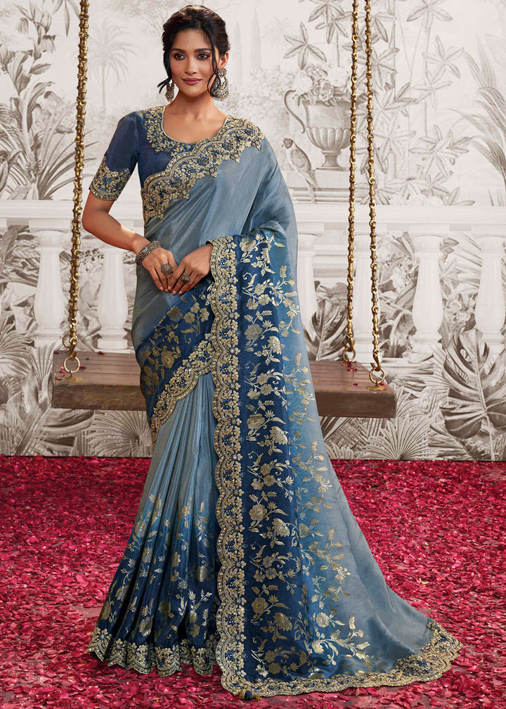 Shades Of Blue Designer Heavy Embroidered Silk Saree