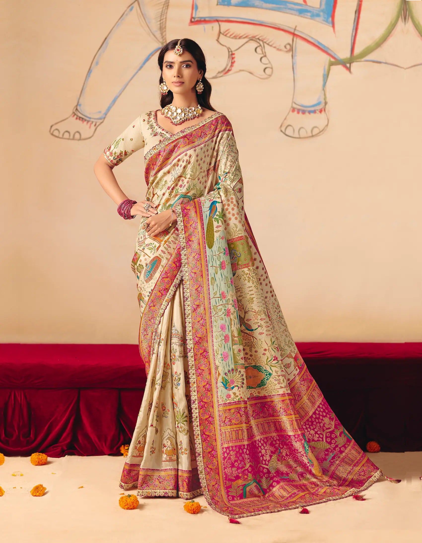 Vanilla White Dola Silk Zari & Embroidery Saree