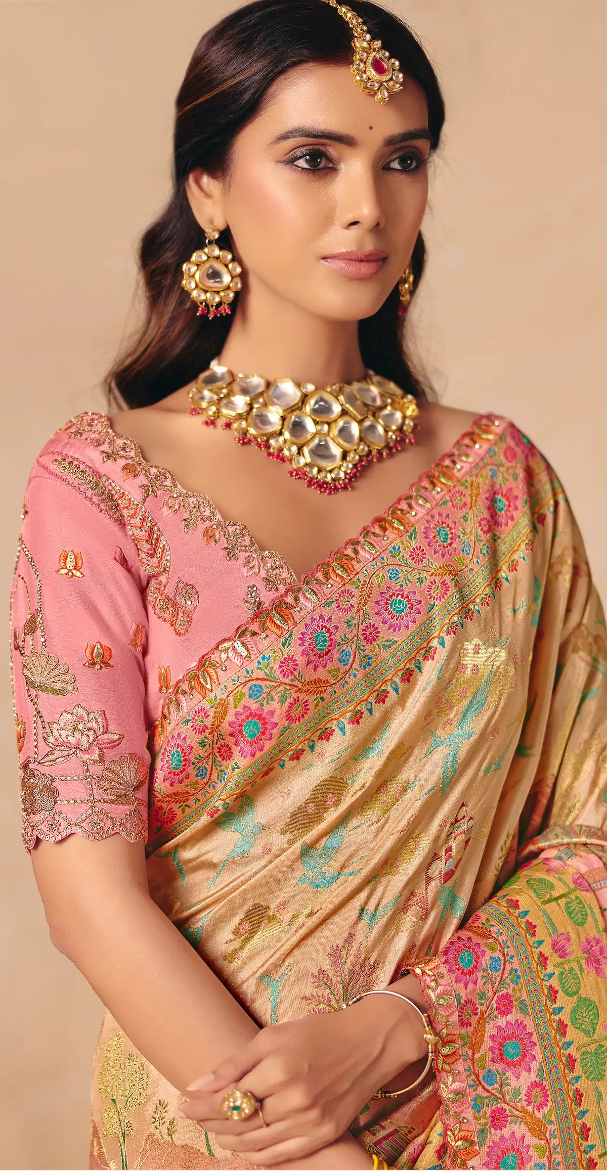 Salmon Pink Dola Silk Zari & Embroidery Saree