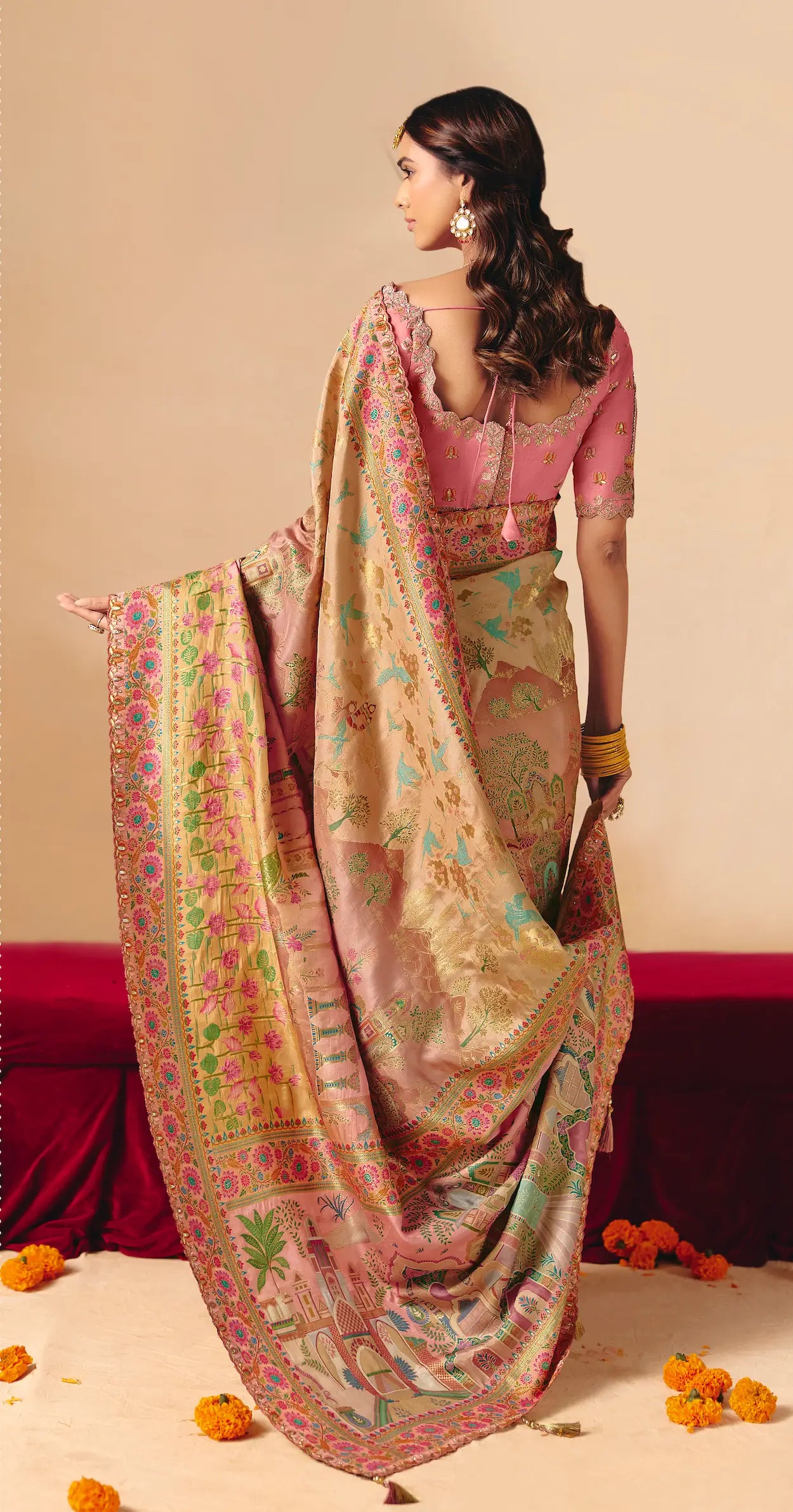 Salmon Pink Dola Silk Zari & Embroidery Saree