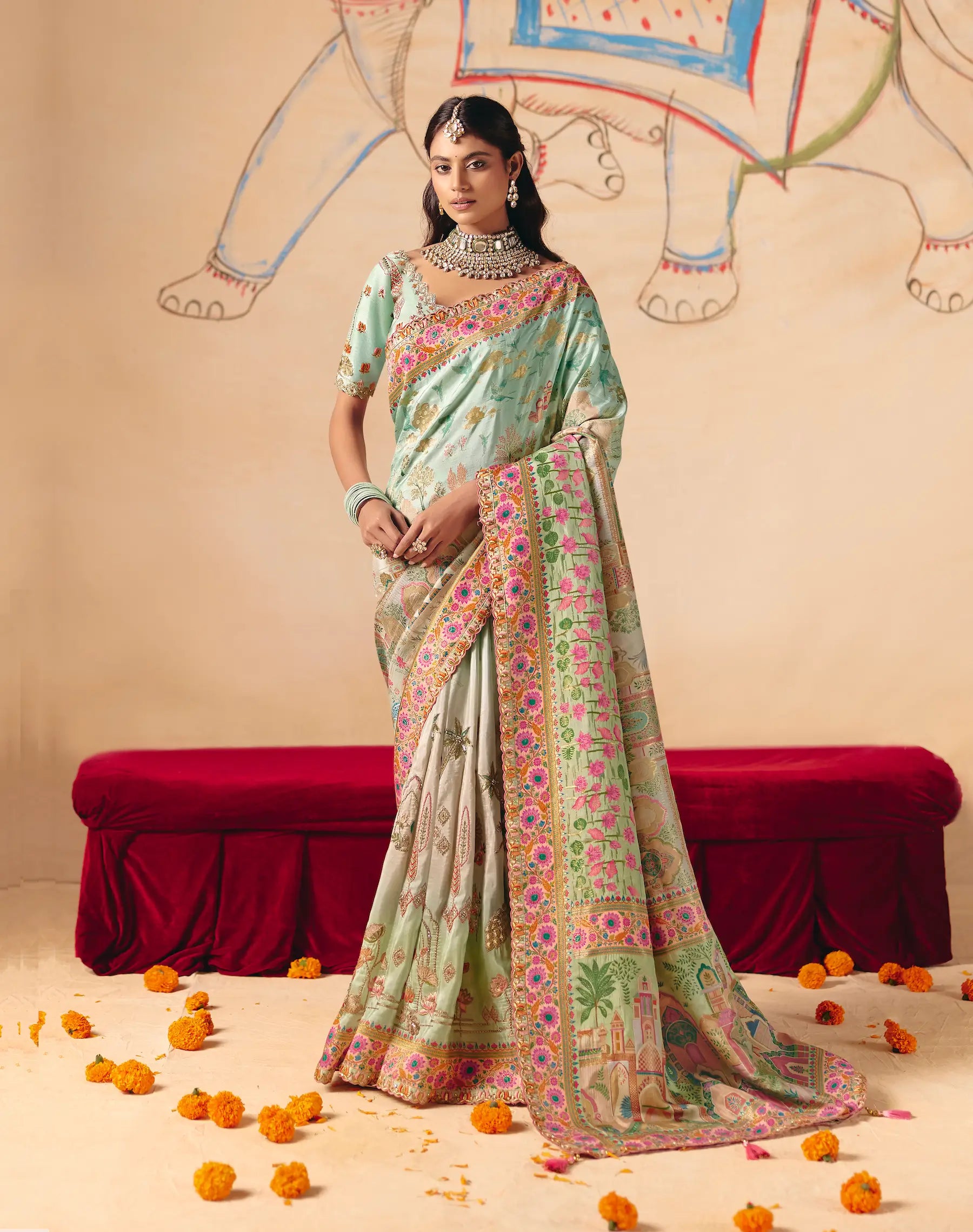 Aqua Blue Dola Silk Zari & Embroidery Saree
