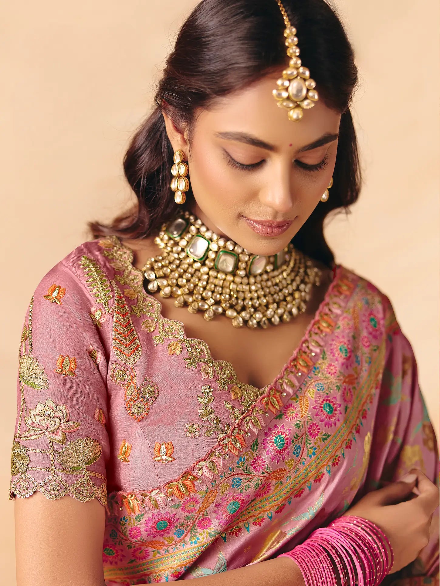 Rosy Pink Dola Silk Zari & Embroidery Saree