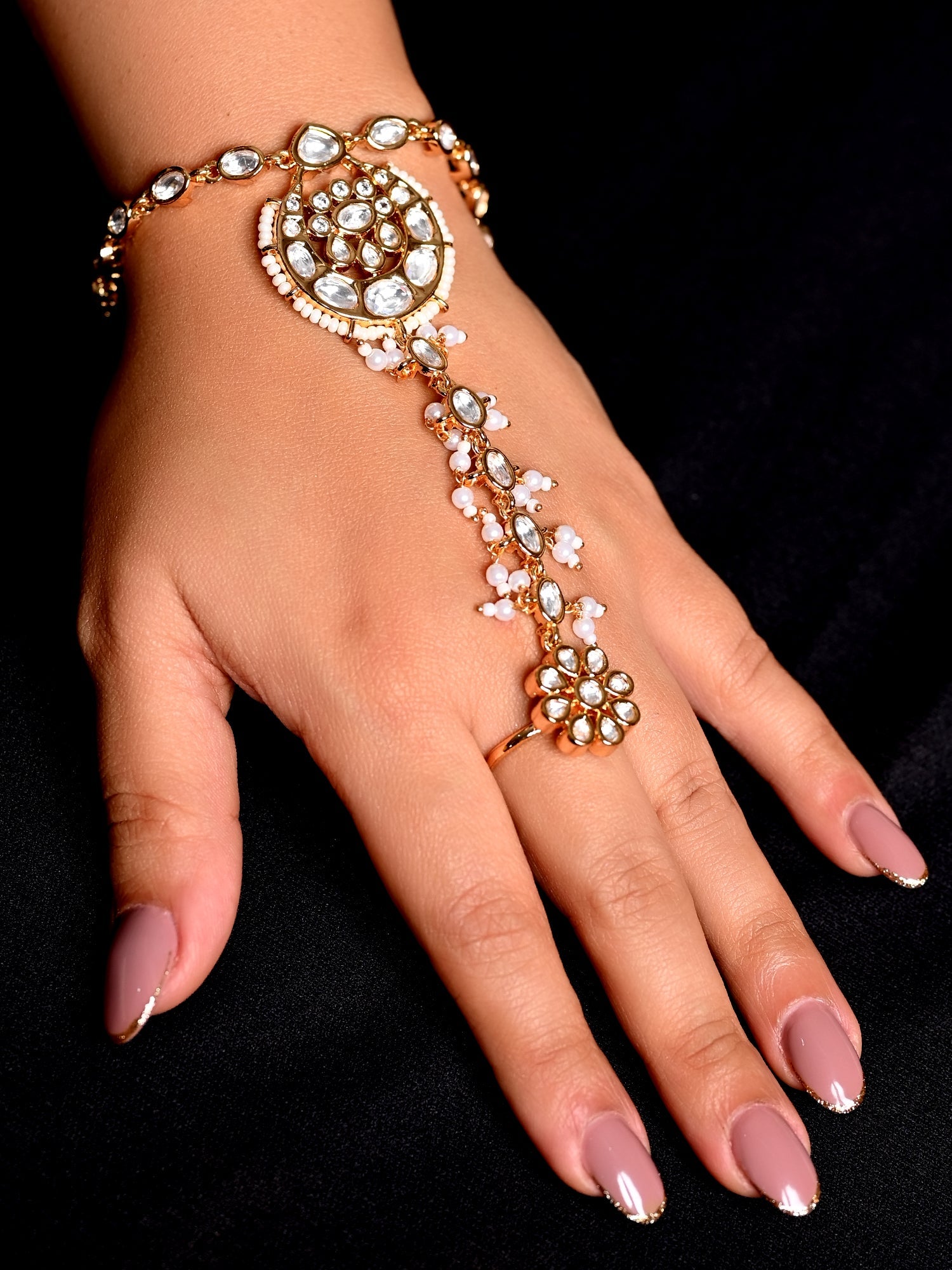 Nilakshi White Gold Plated Kundan Hathphool [Price Is For Single Piece}