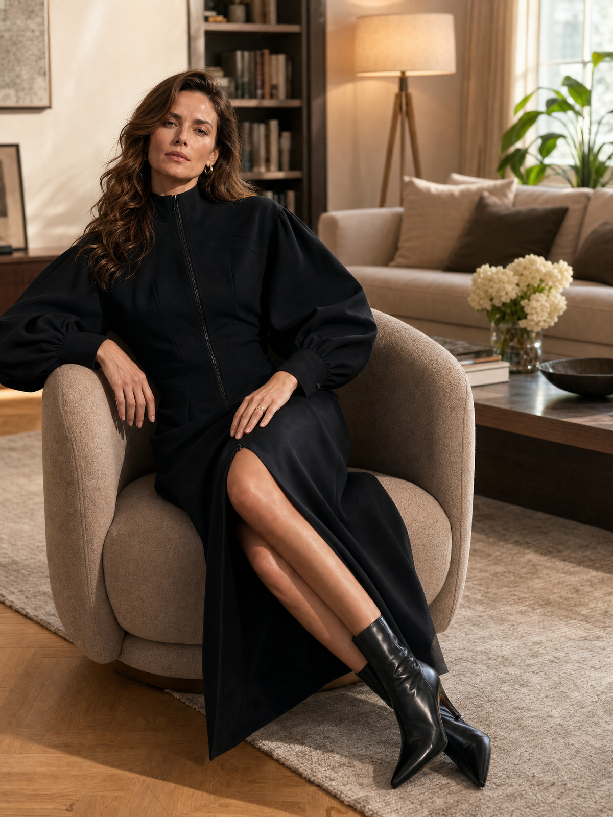 Women's Zip Front Puff Sleeve Black Maxi Dress MDZ0165I7YZJ