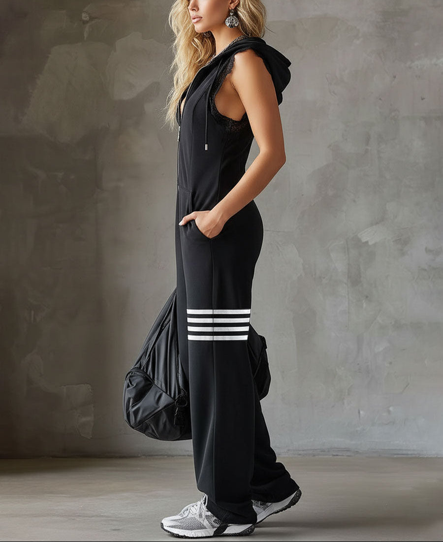 Giada | Retro Sports Jumpsuit with Hood and Stripes by Qivii