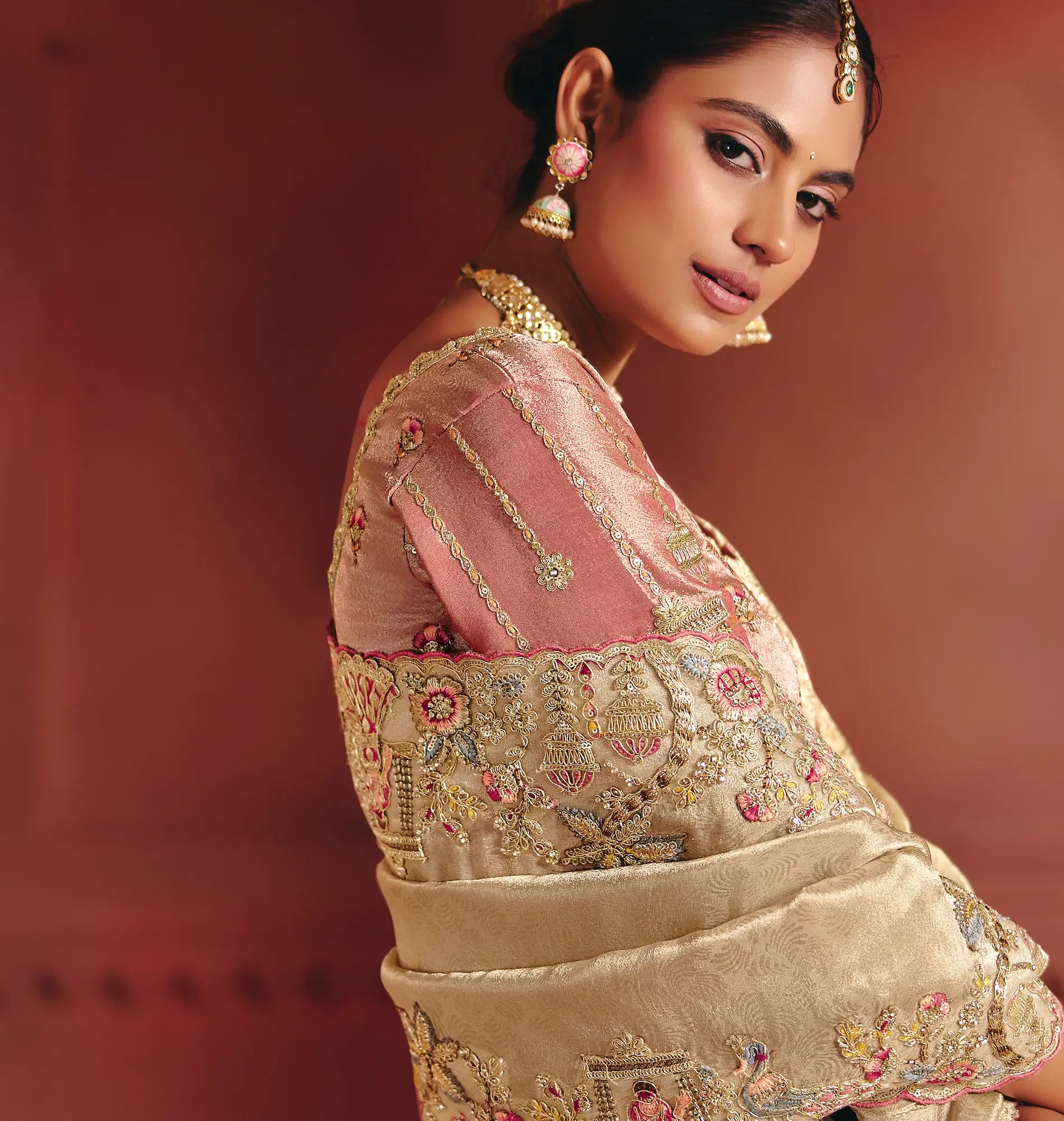 Champagne Gold Zari Silk Heavy Embroidery Saree