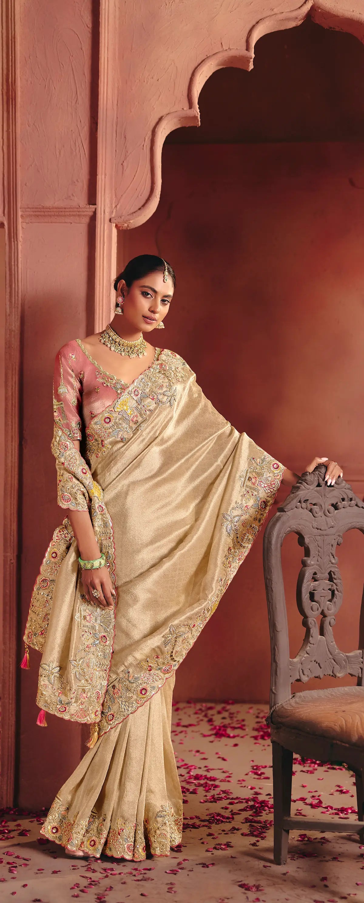 Champagne Gold Zari Silk Heavy Embroidery Saree