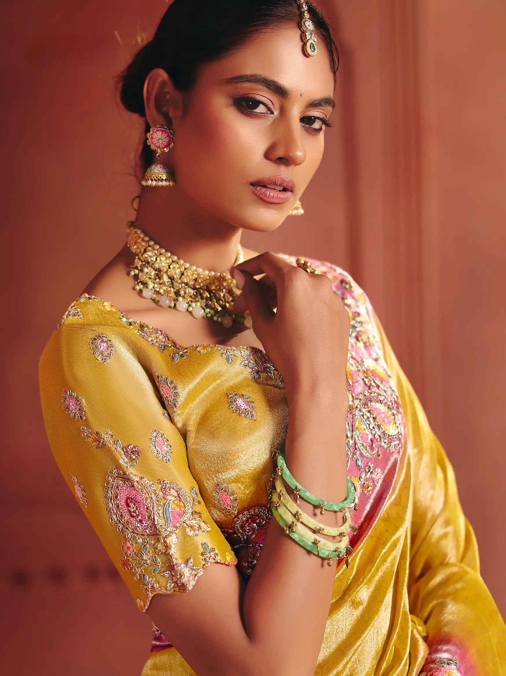 Mustard Yellow Zari Silk Heavy Embroidery Saree