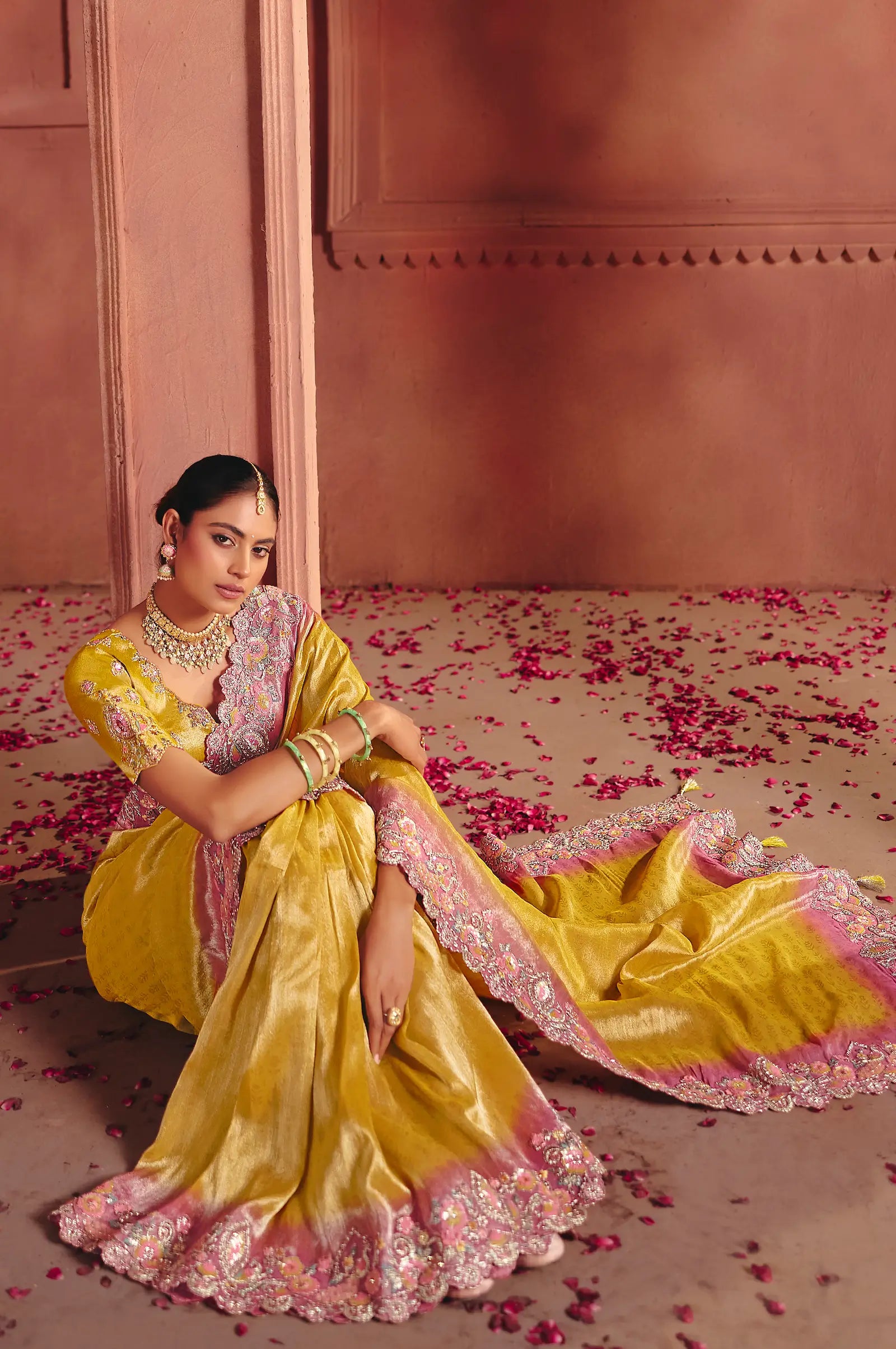 Mustard Yellow Zari Silk Heavy Embroidery Saree