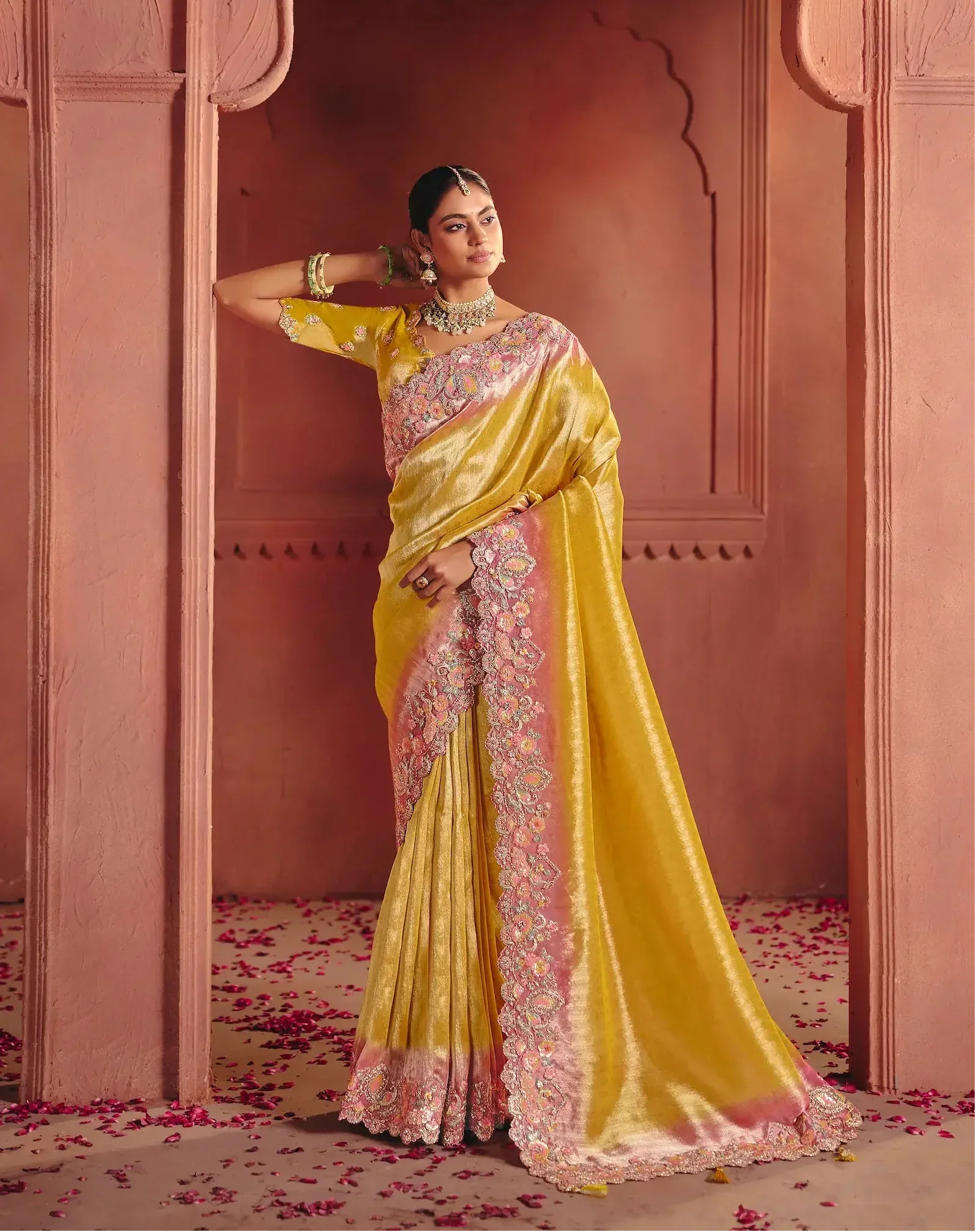 Mustard Yellow Zari Silk Heavy Embroidery Saree