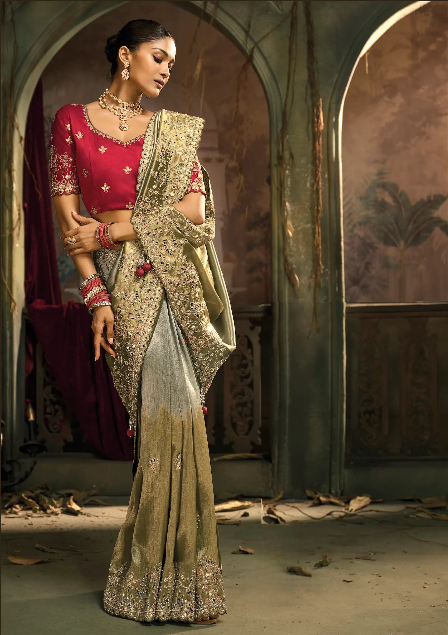 Olive Grey Silk Heavy Embroidery Saree