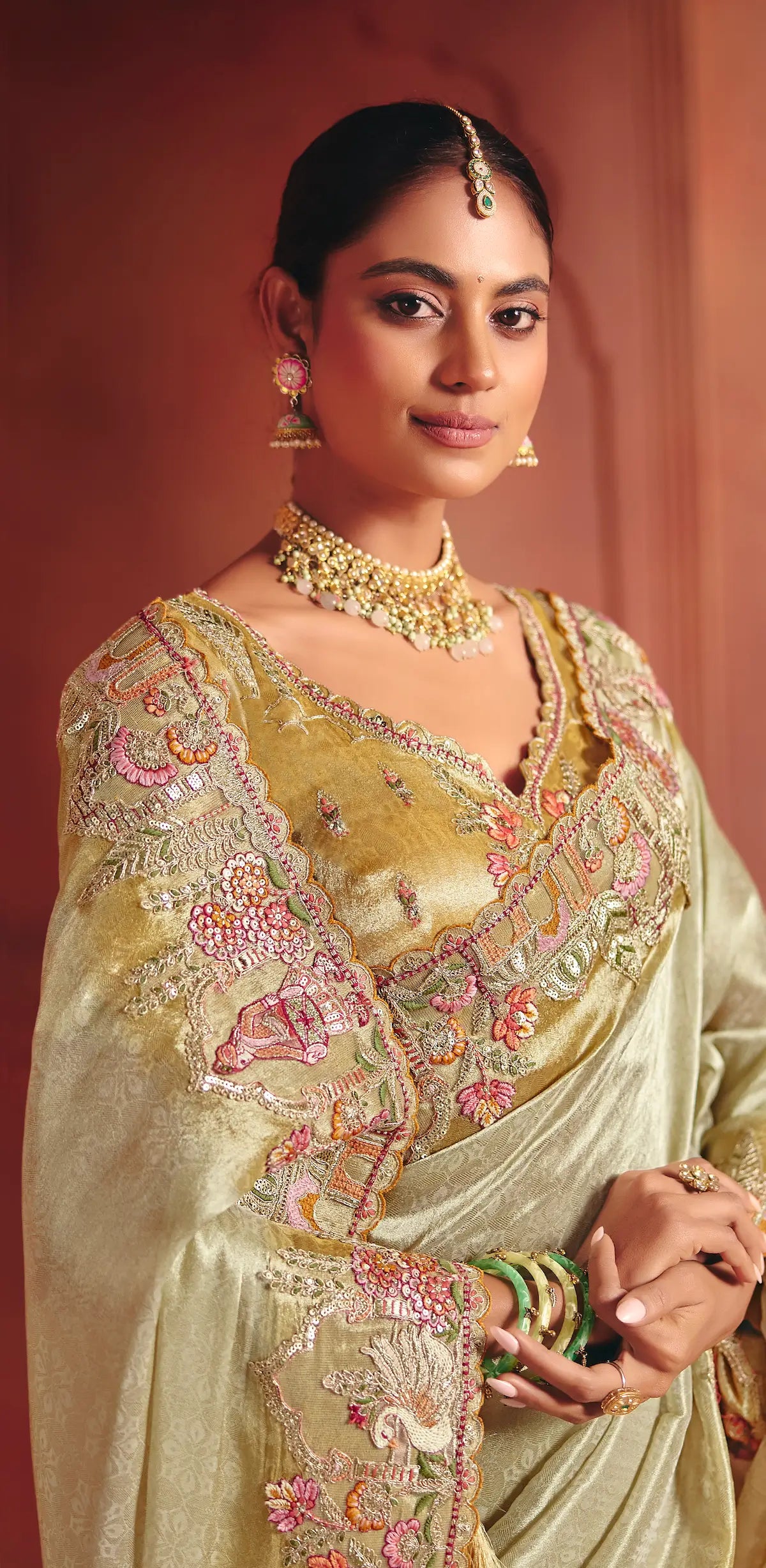 Golden Beige Zari Silk Heavy Embroidery Saree