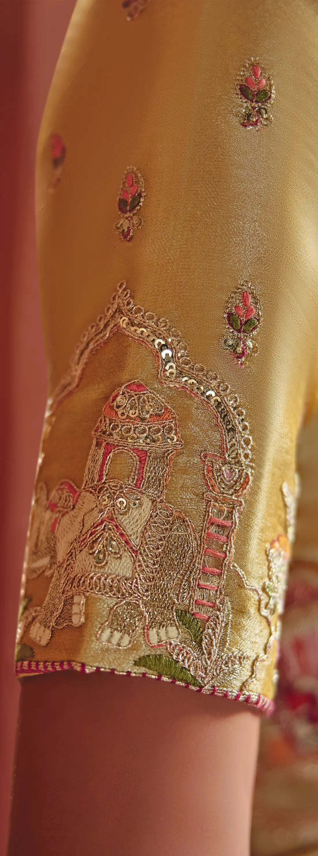 Golden Beige Zari Silk Heavy Embroidery Saree