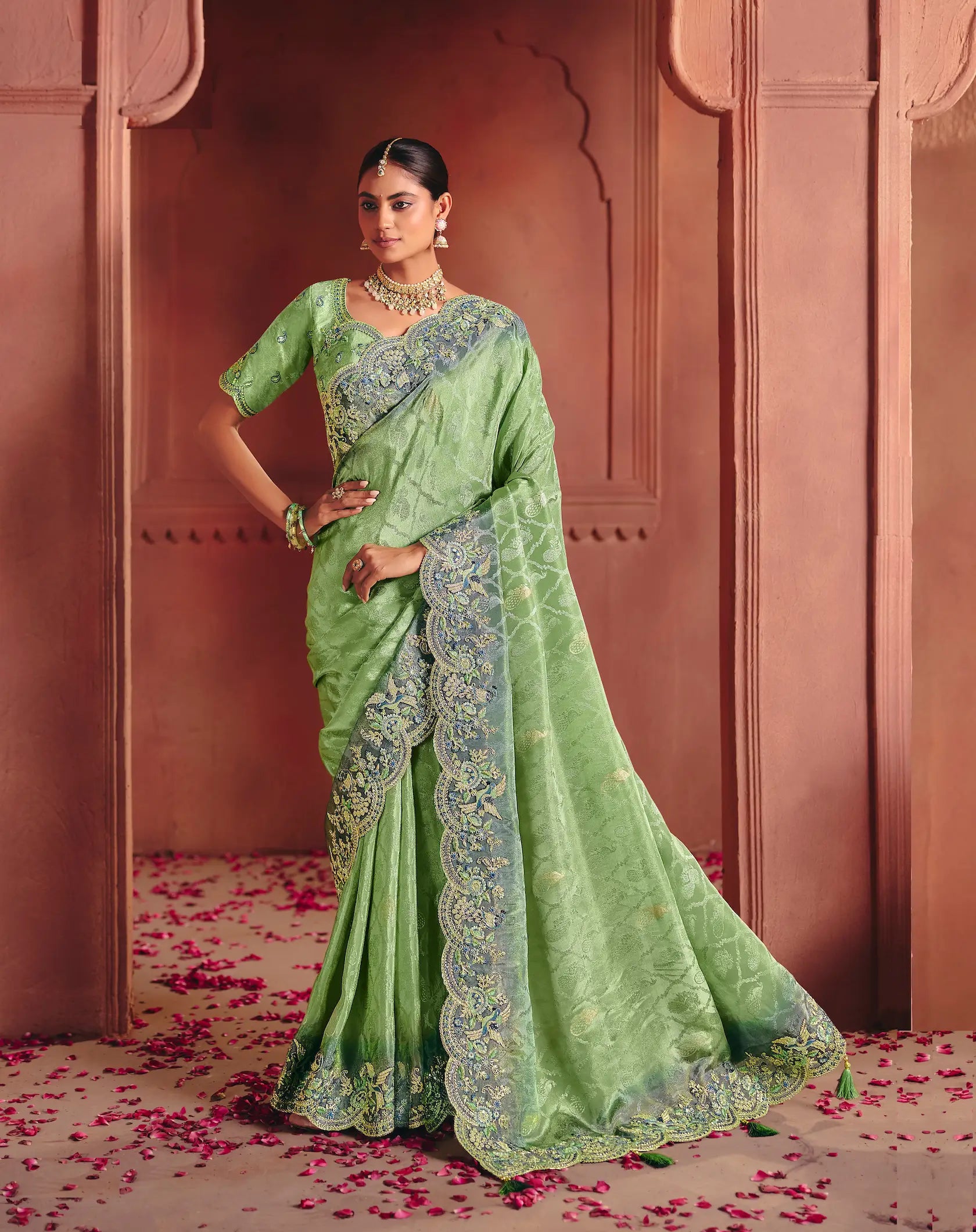 Pastel Green Zari Silk Heavy Embroidery Saree