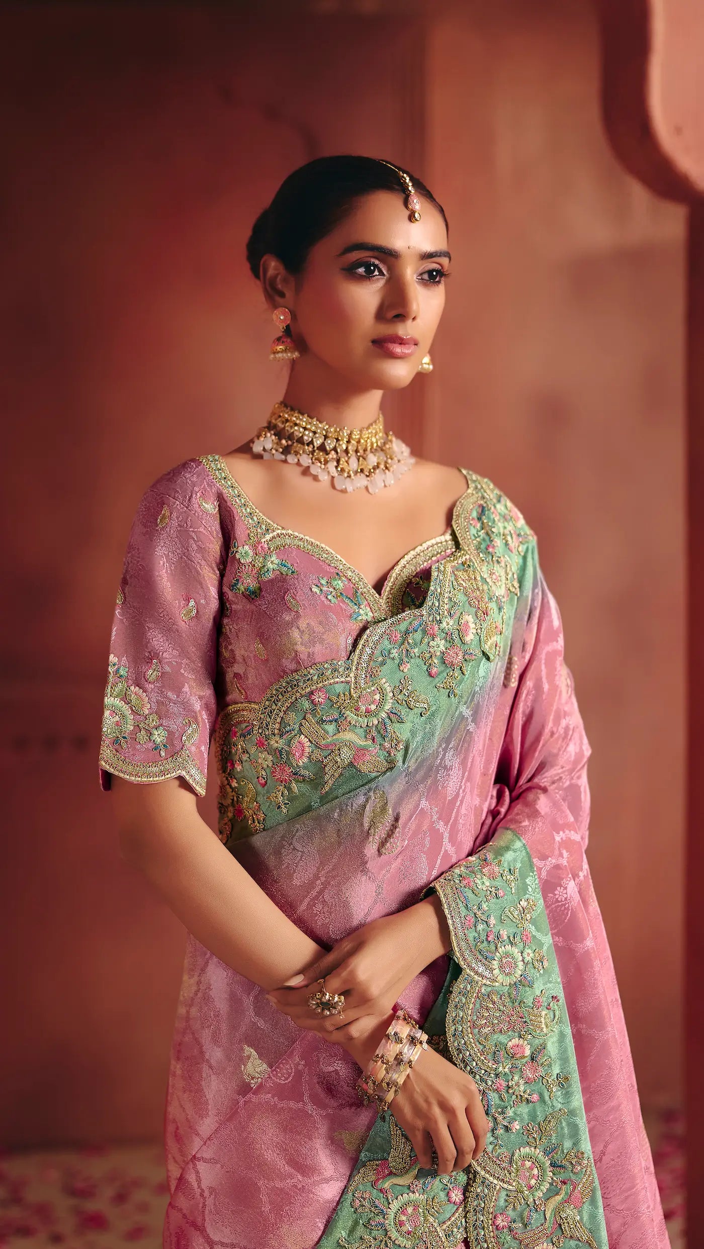 Blush Pink Zari Silk Heavy Embroidery Saree
