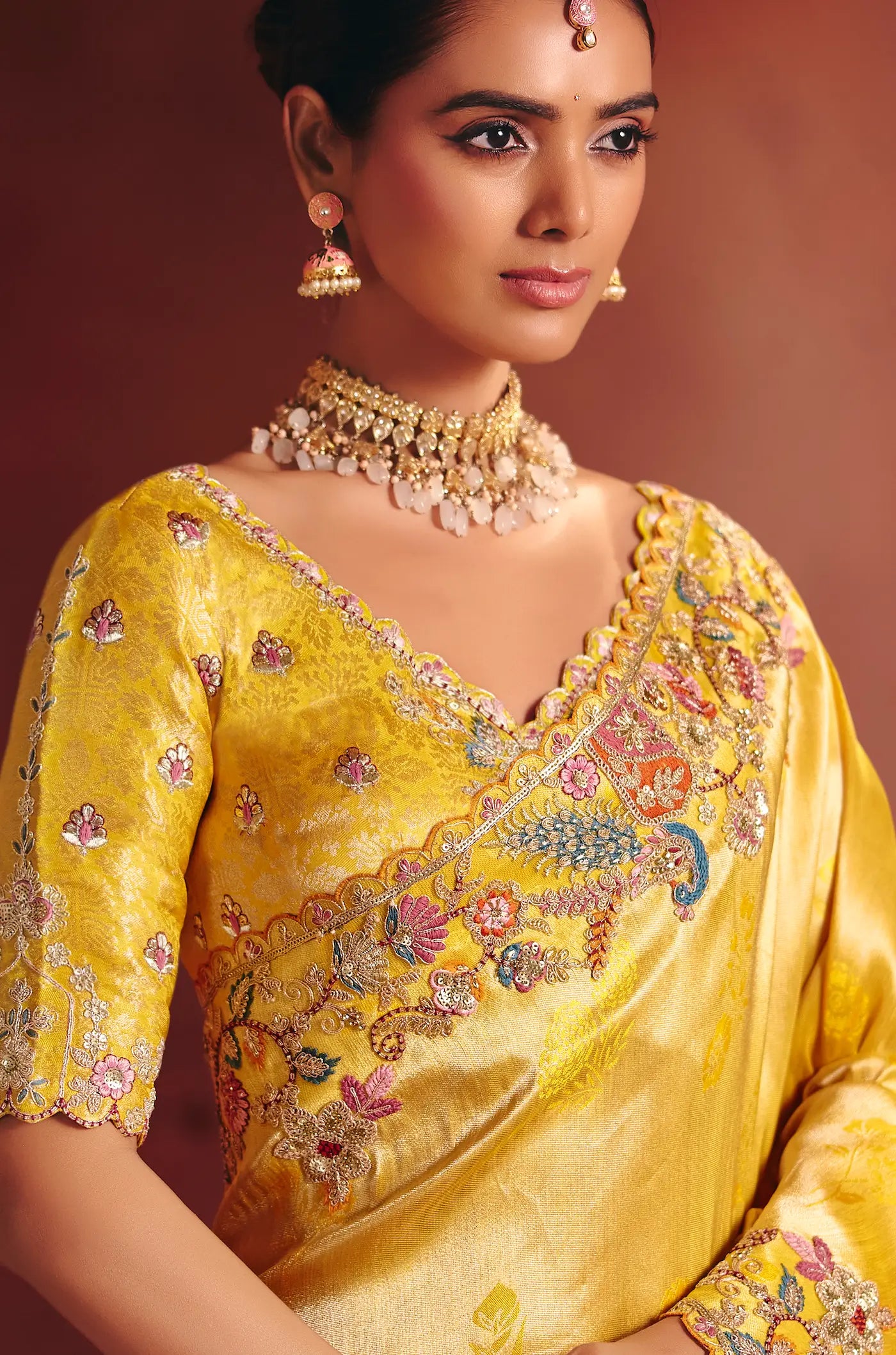 Bright Mustard Zari Silk Heavy Embroidery Saree