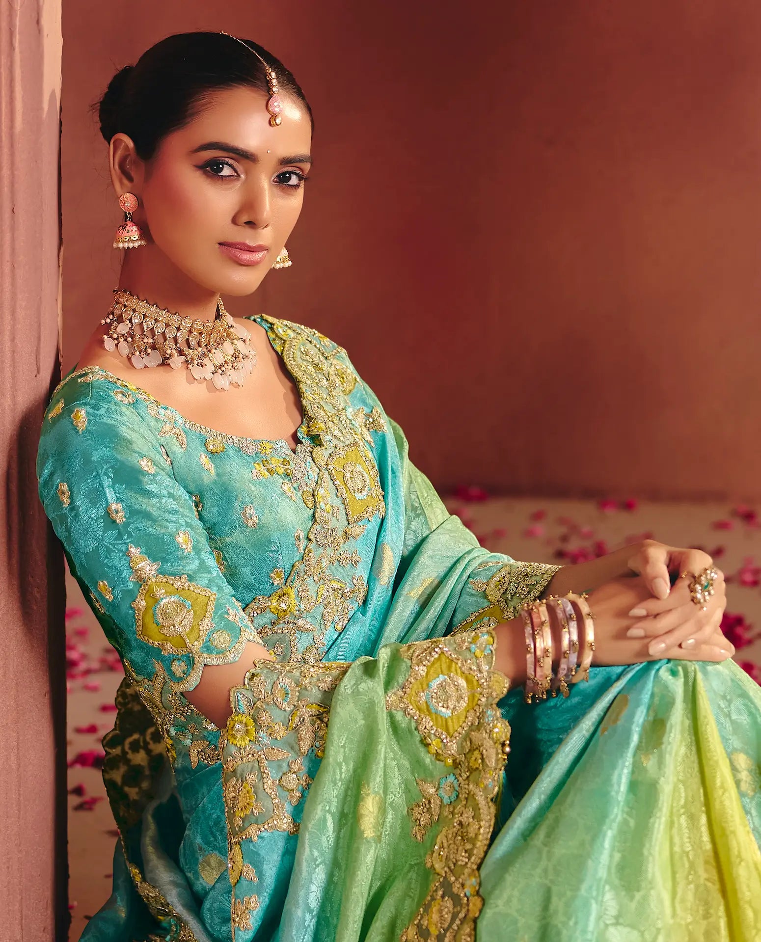 Blue-Yellow Zari Silk Heavy Embroidery Saree