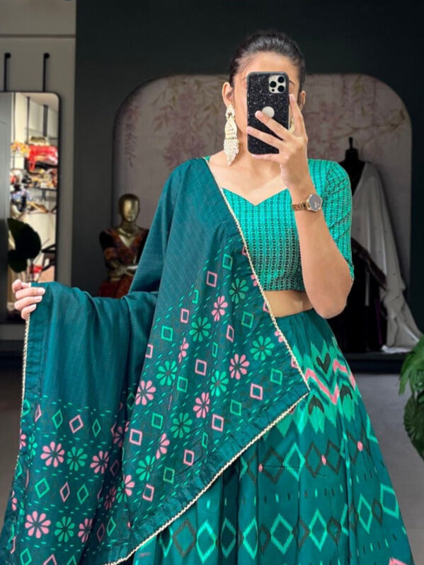 Vaishali silk Printed With Lace Border Lehenga Choli In Teal Color