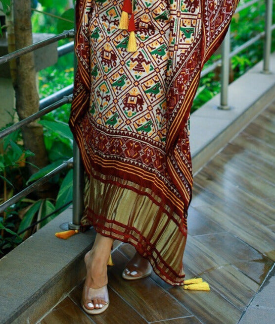 Brown Pure Gaji Silk Digital Print with Gotta Patti Lace Border also comes with tassels Kaftan Dress