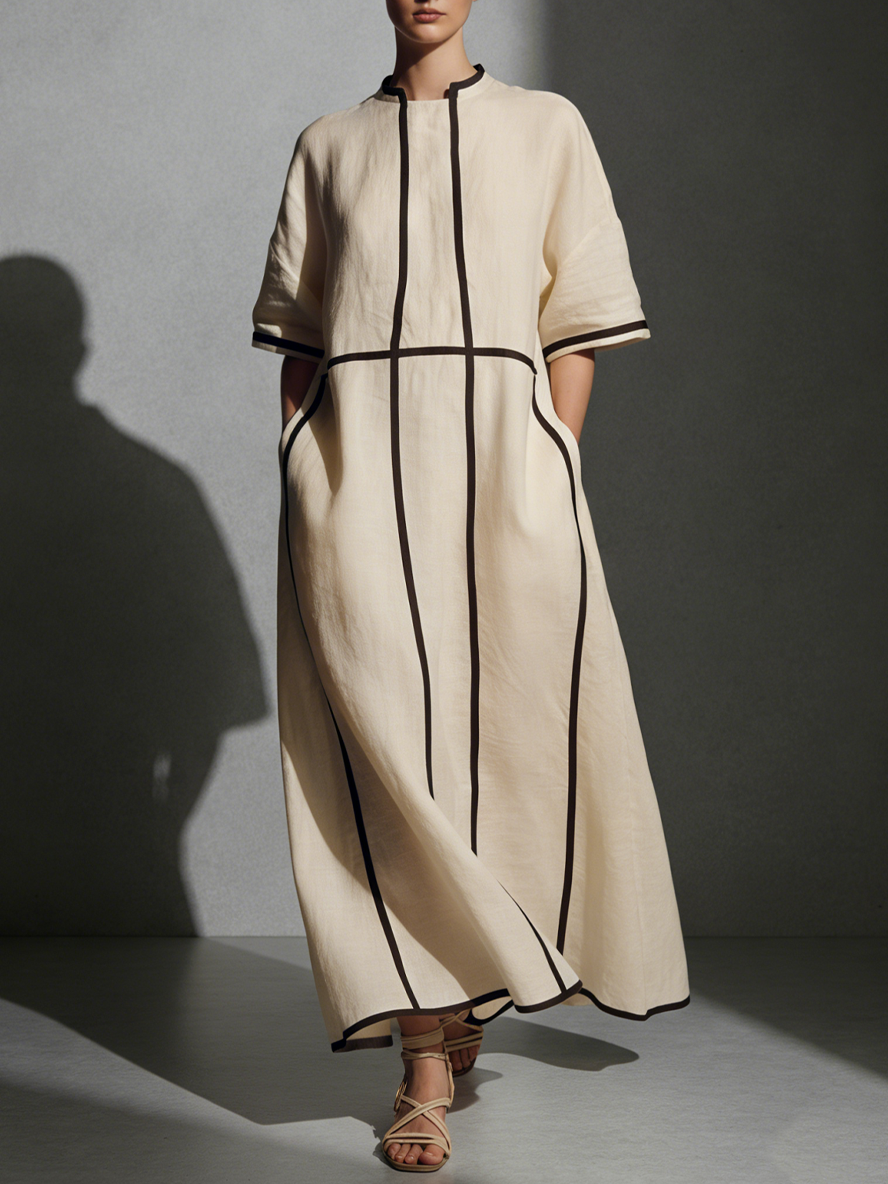 Women's Modern Linen Blend Beige Stand-Collar Half-Sleeve Contrast-Line Pocketed Maxi Dress MDA2924L4AU
