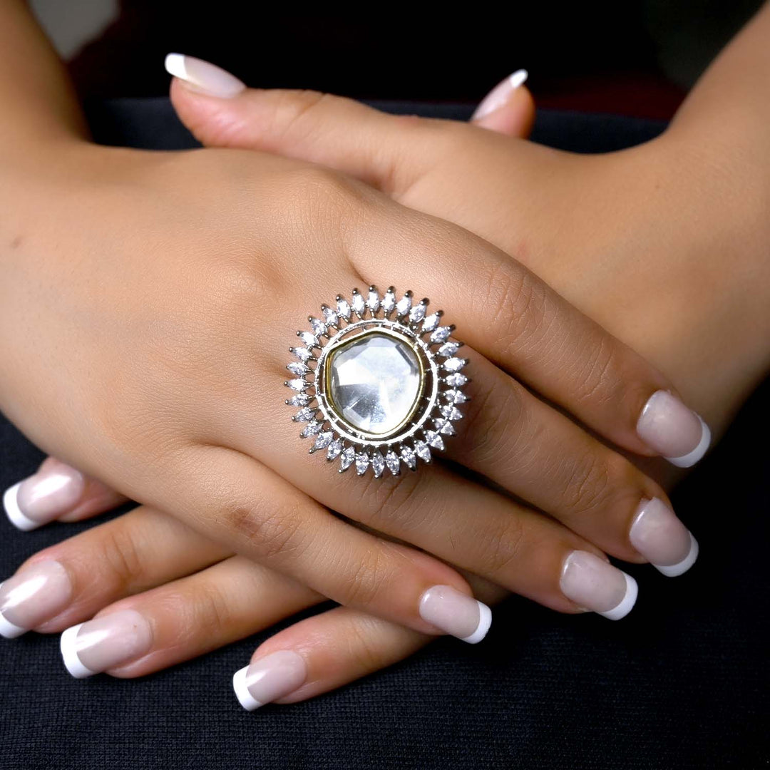 Latika Diamonds Stone Gold & Rhodium Plated Victorian Ring with Intricate Floral Design and Sparkling Gemstones