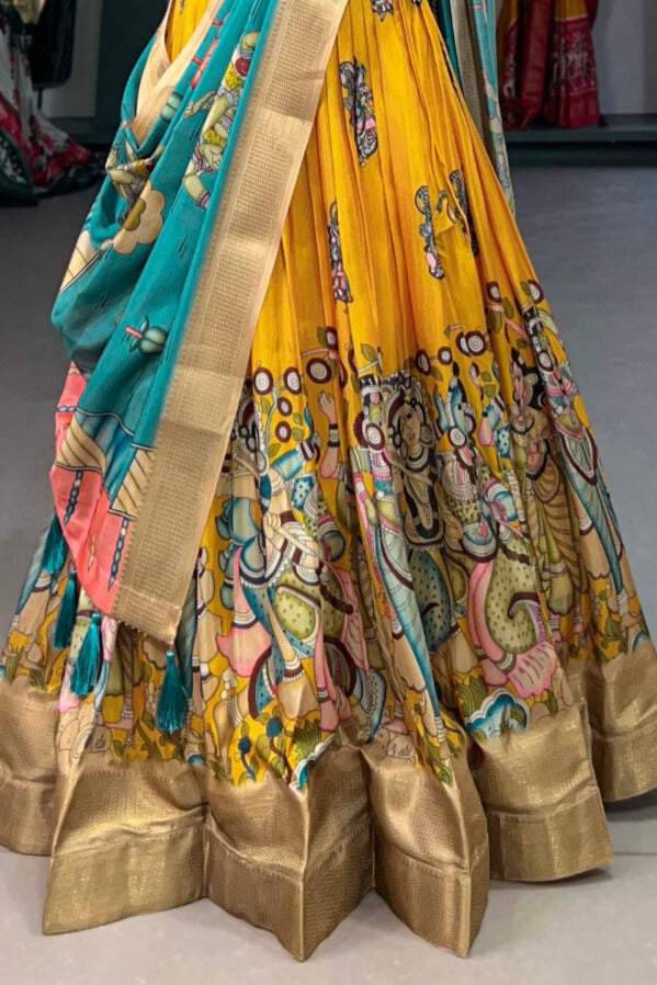 Dola Silk Kalamkari Print With Weaving Border Lehenga Choli in Yellow Color