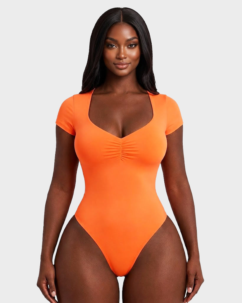 Short Sleeve Square Neck Front Ruched Hourgflass Bodysuit  - By Qivii