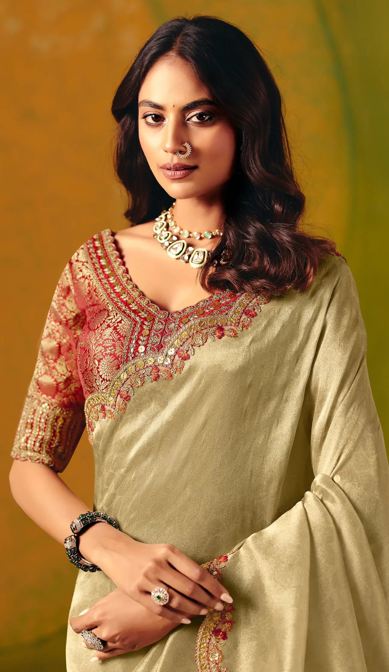 Golden Beige Zari Silk Embroidery Saree