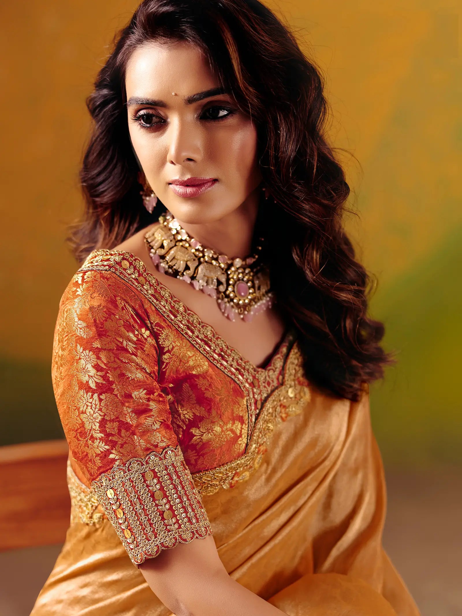 Copper Orange Zari Silk Embroidery Saree