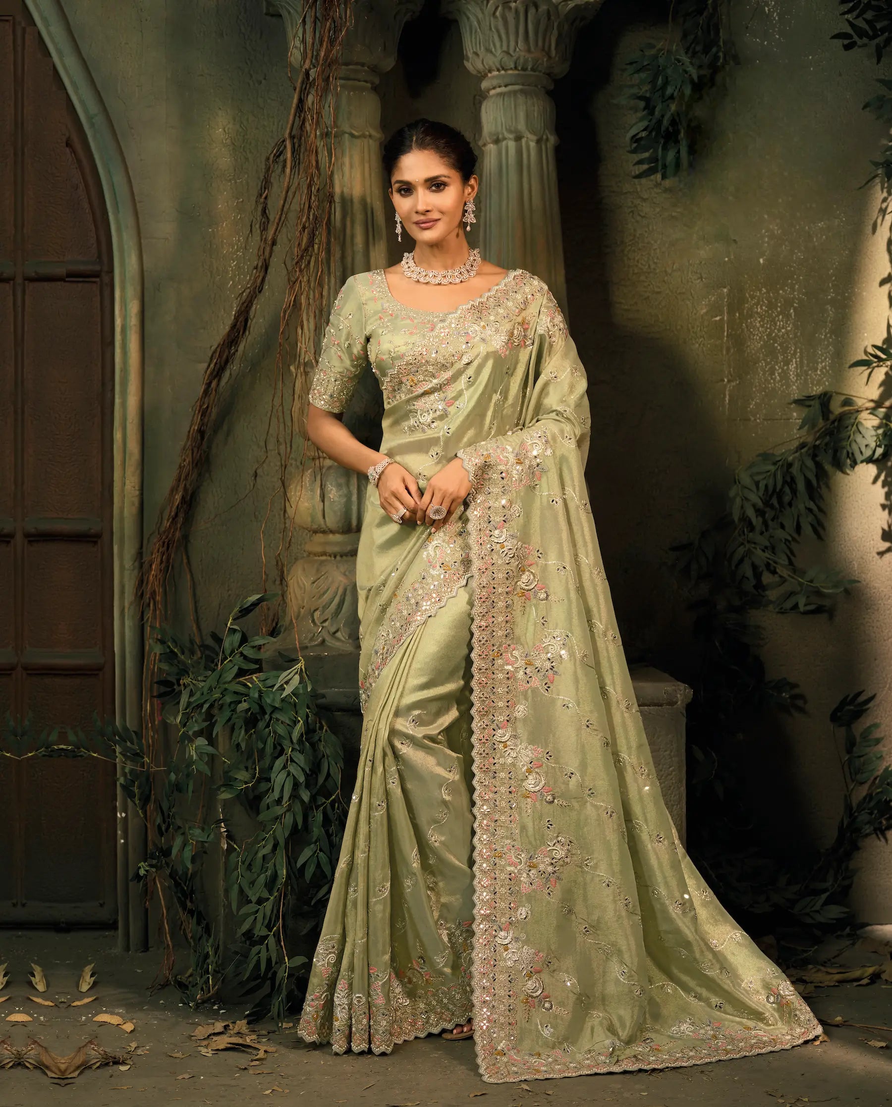 Pastel Green Silk Heavy Embroidery Saree