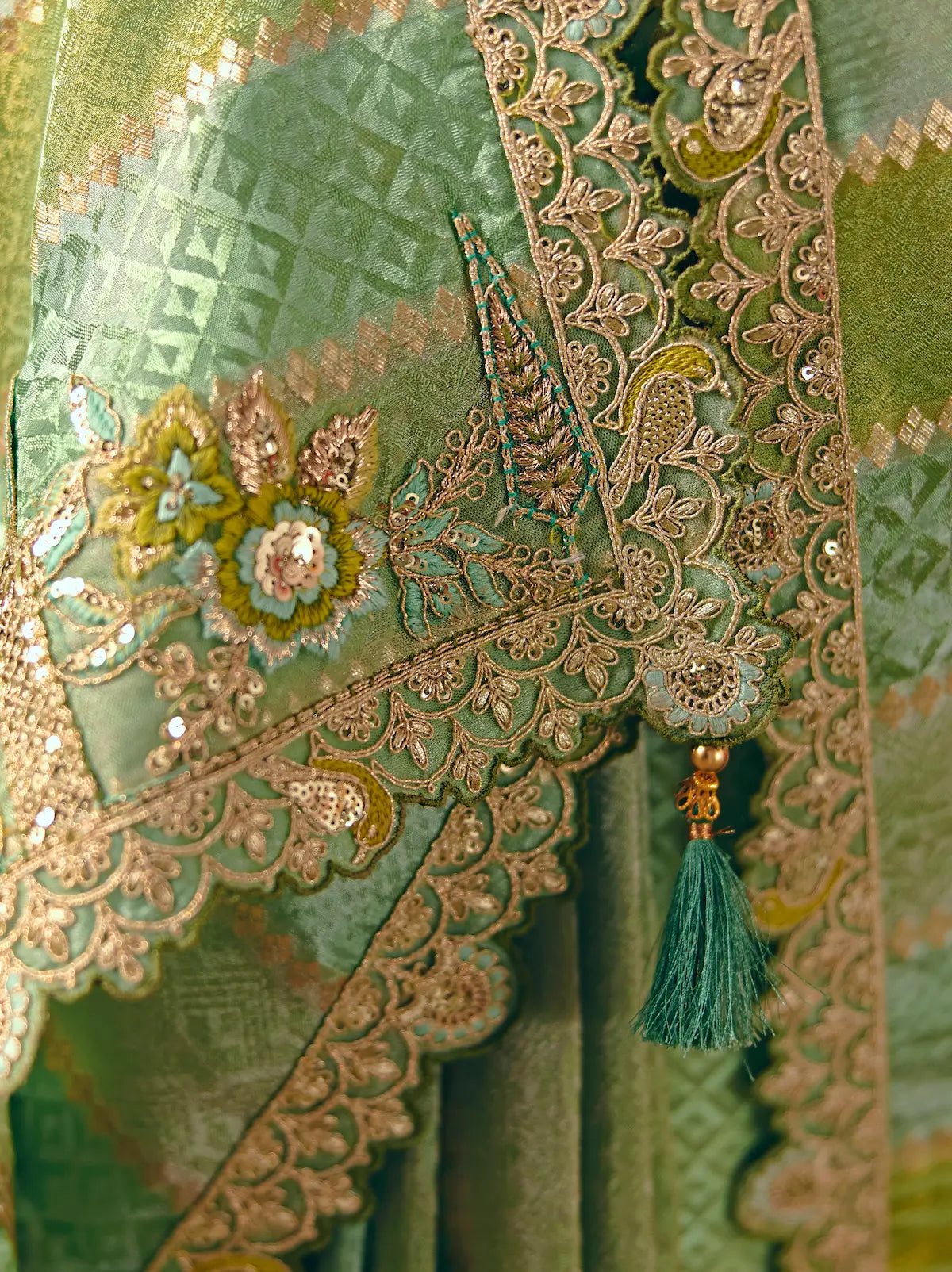 Pastel Green Jacquard Silk Embroidery Saree